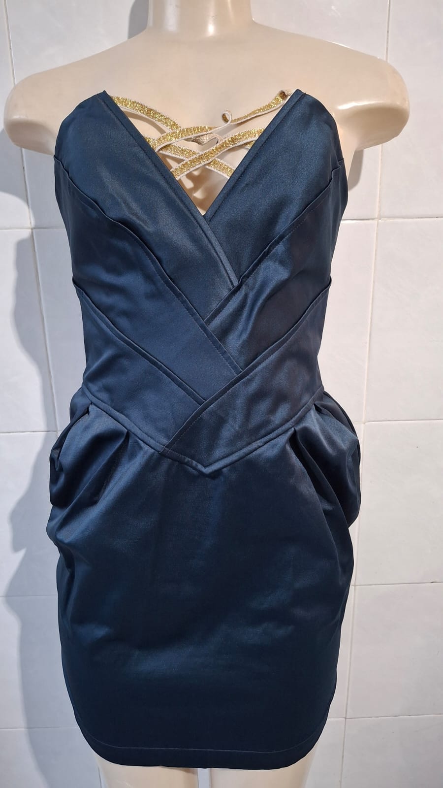 Vestido Azul Noite Tiras Douradas